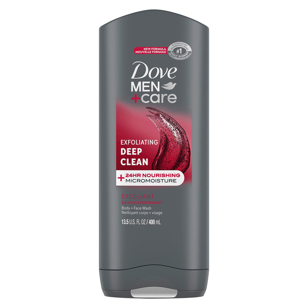 DOVE MEN + CARE front label showing product benefits and scent