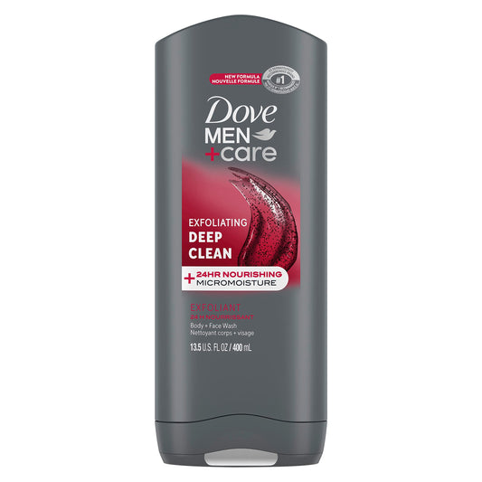 DOVE MEN + CARE front label showing product benefits and scent