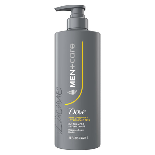 DOVE MEN+CARE front packaging showing 18 oz bottle and clear benefits