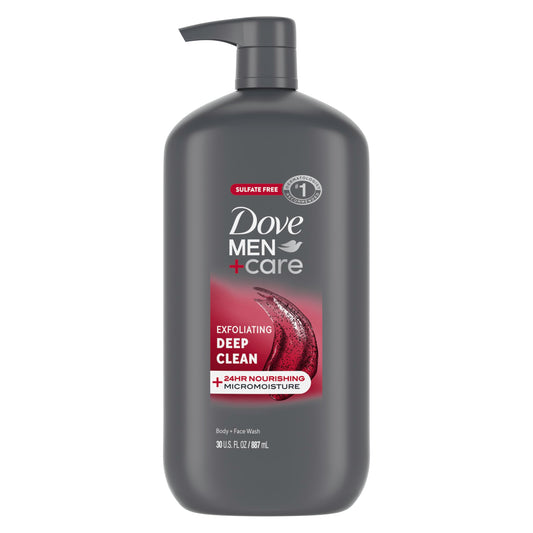 Dove Men+Care front packaging showing 30 oz bottle and clear branding for convenience