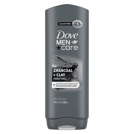 DOVE MEN + CARE front packaging showing charcoal and clay benefits