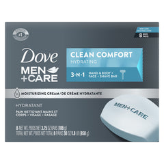 DOVE MEN + CARE front packaging showing eight bars and fresh scent benefit
