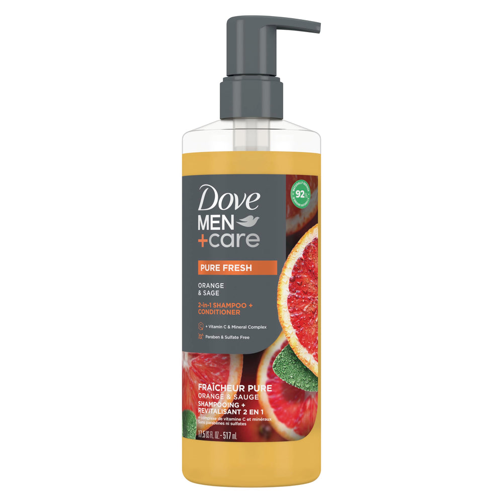 DOVE MEN + CARE front packaging showing orange and sage scent benefits