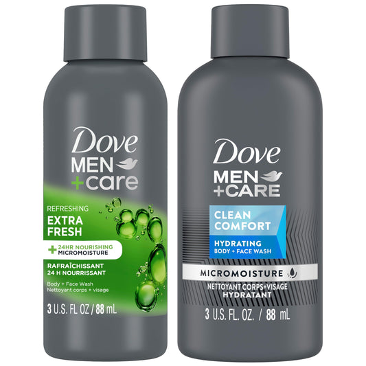 Dove Men+Care front packaging travel duo showing two compact 3 oz bottles and benefits