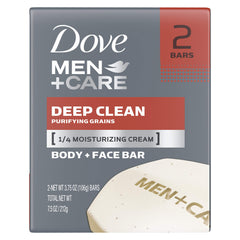 Dove Men+Care front packaging showing two bars and classic scent benefit