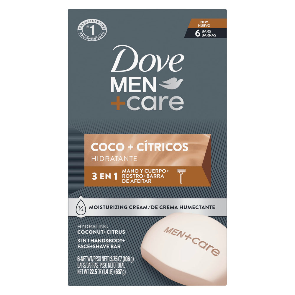 DOVE MEN + CARE front packaging showing six coconut citrus bars and benefit of hydration