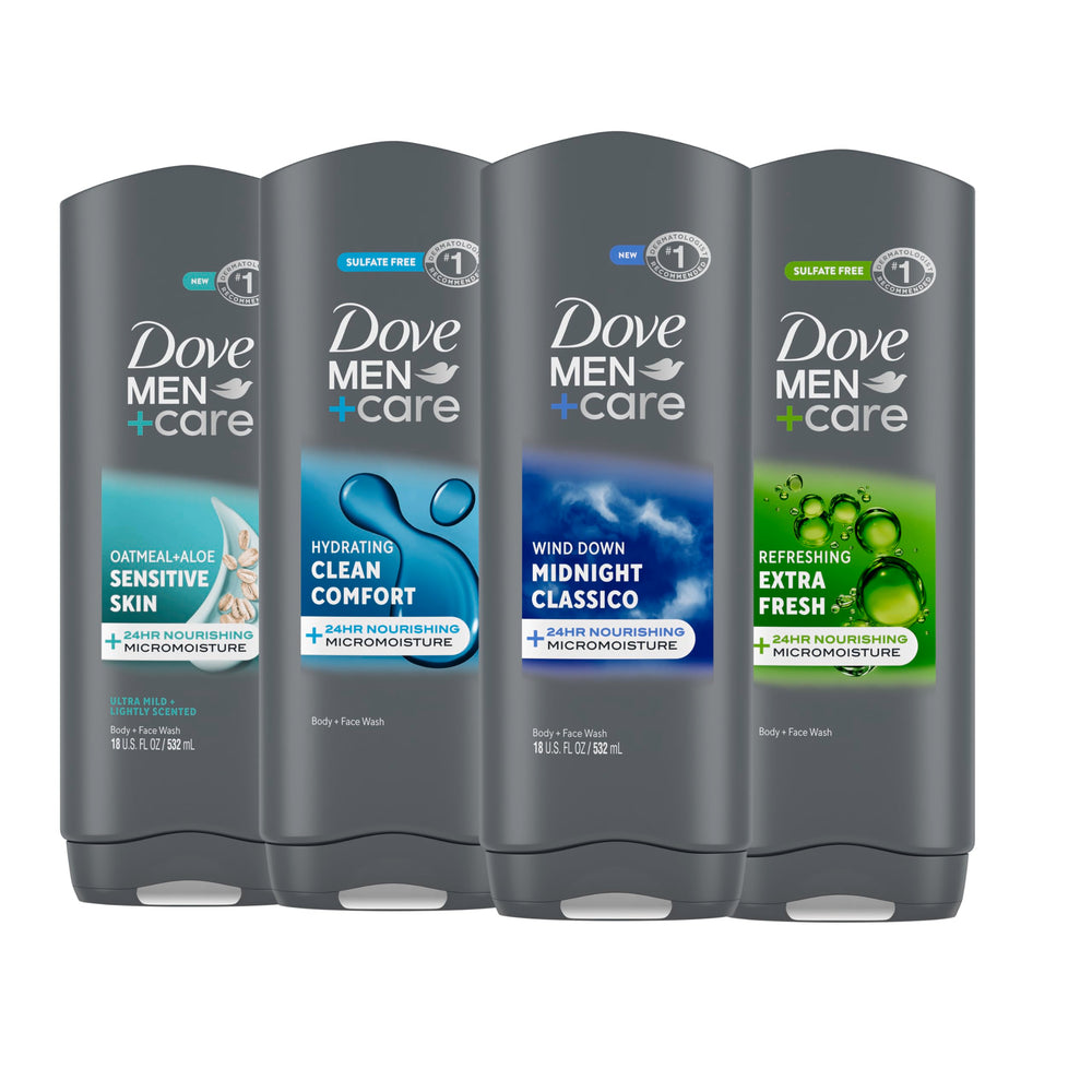 DOVE MEN + CARE front packaging showing four 18 fl oz bottles and clear benefit