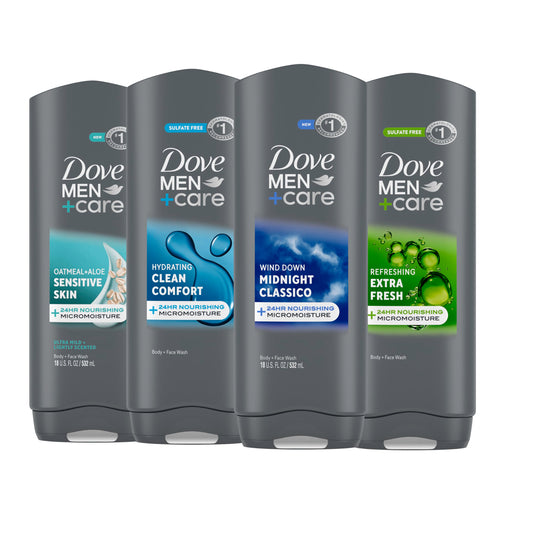 DOVE MEN + CARE front packaging showing four 18 fl oz bottles and clear benefit