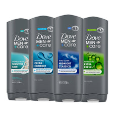 DOVE MEN + CARE front packaging showing four 18 fl oz bottles and clear benefit