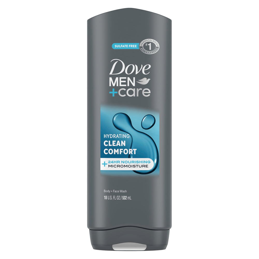 Dove Men+Care front packaging showing 18 oz bottle and branding benefits