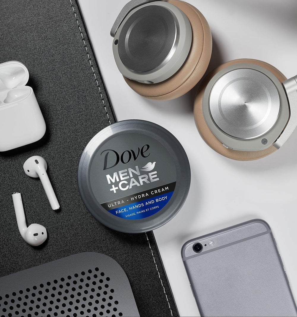 Close-up of Dove Men+Care label highlighting moisturizing technology benefits