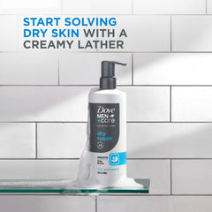 DOVE MEN + CARE pump close-up highlighting easy dispensing and recycled bottle