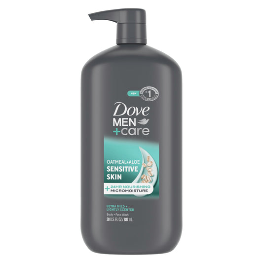DOVE MEN + CARE front packaging showing 30 oz bottle and clear benefit