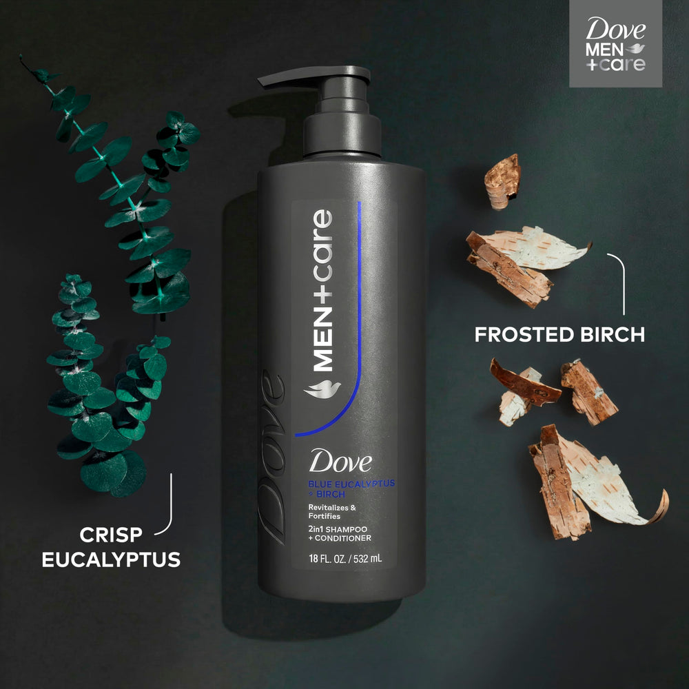 DOVE MEN + CARE shampoo in hand during shower demonstrating easy one-step use