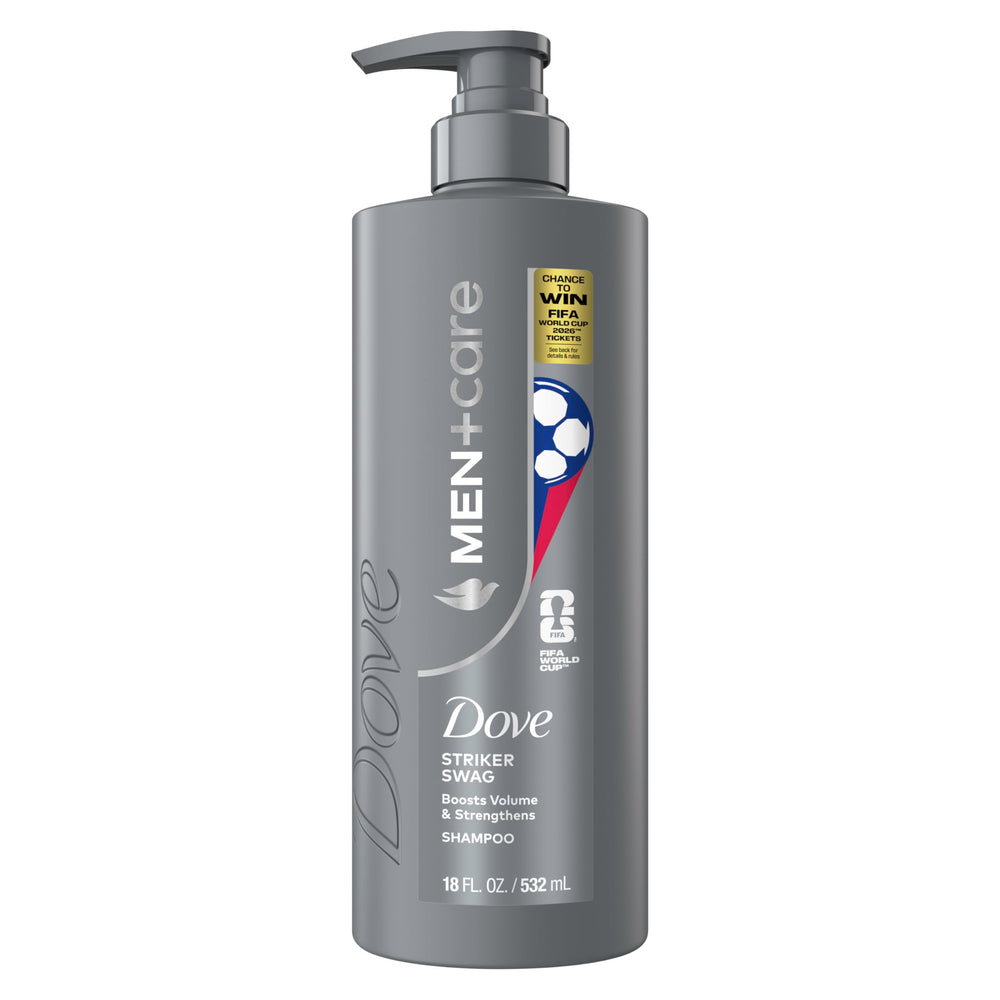 Dove Men+Care front bottle showing label and 18 fl oz size for clear product choice