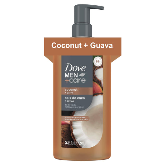 Dove Men+Care front packaging shows 26 oz bottle and tropical scent benefits