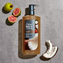 Dove Men+Care in-shower use showing refreshing tropical scent and skin hydration