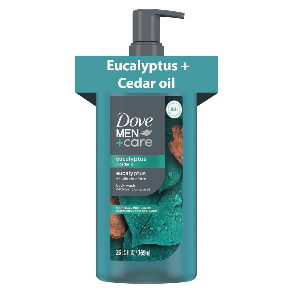 Dove Men+Care front bottle view showing eucalyptus cedar oil scent and pump for lasting use