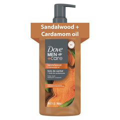 Dove Men+Care bottle front showing sandalwood cardamom scent and 26oz value