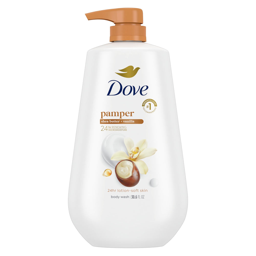 Dove 24hr Lotion Body Wash front packaging showing large 30.6 oz bottle and pump benefit