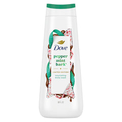Dove bottle front packaging showing peppermint bark scent and festive design, promotes seasonal indulgence