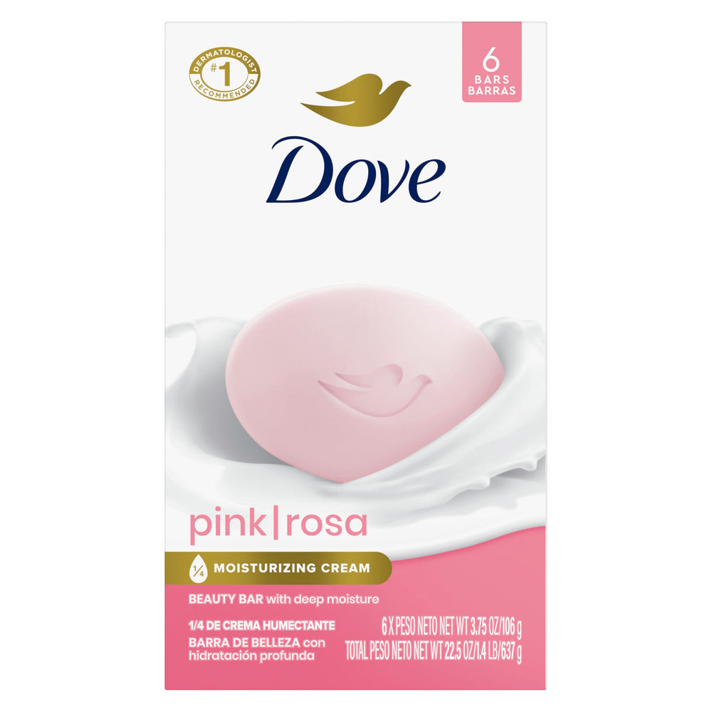 Dove Pink Rosa front packaging showing six bars and product benefit
