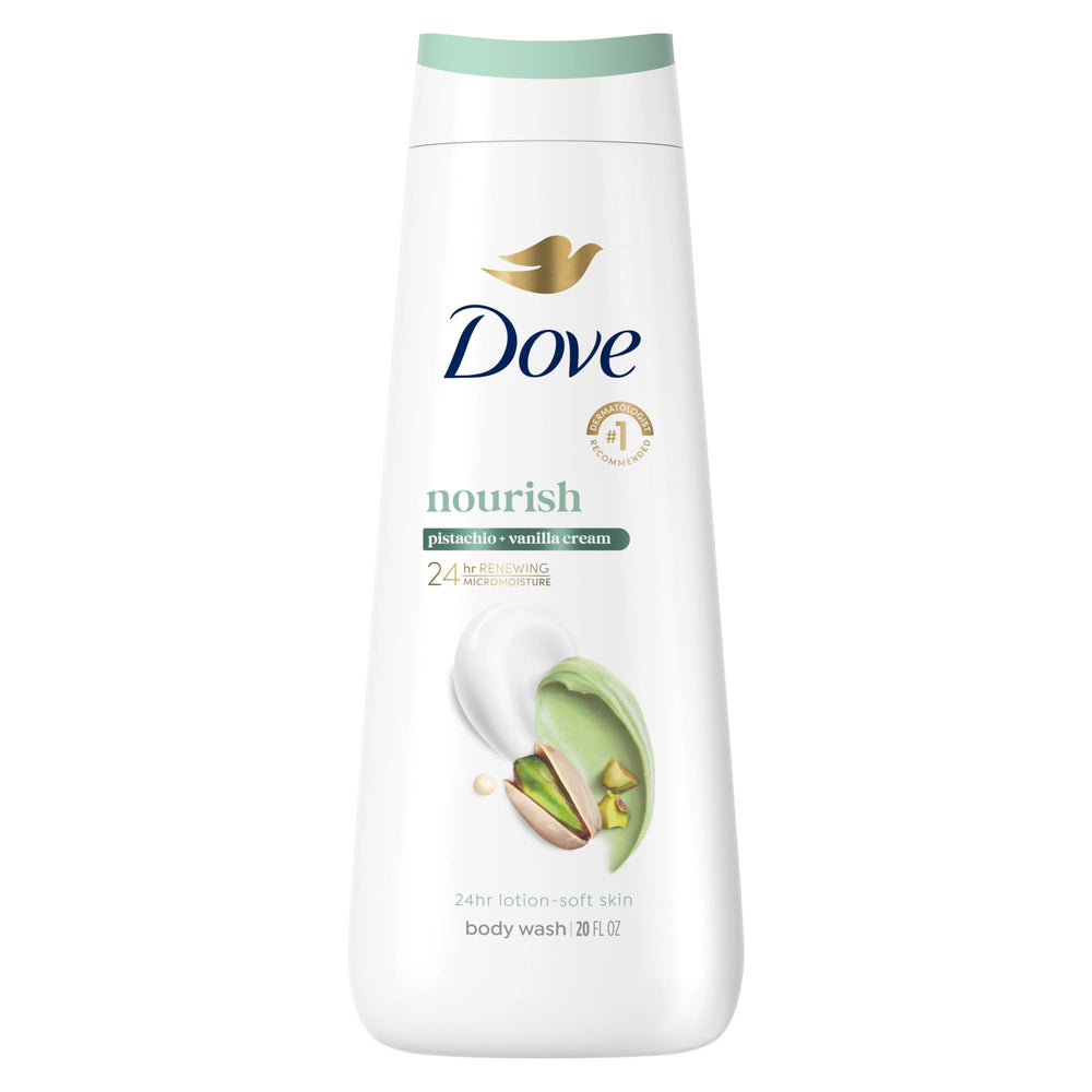Dove bottle front packaging shows pistachio vanilla scent and nourishing benefit