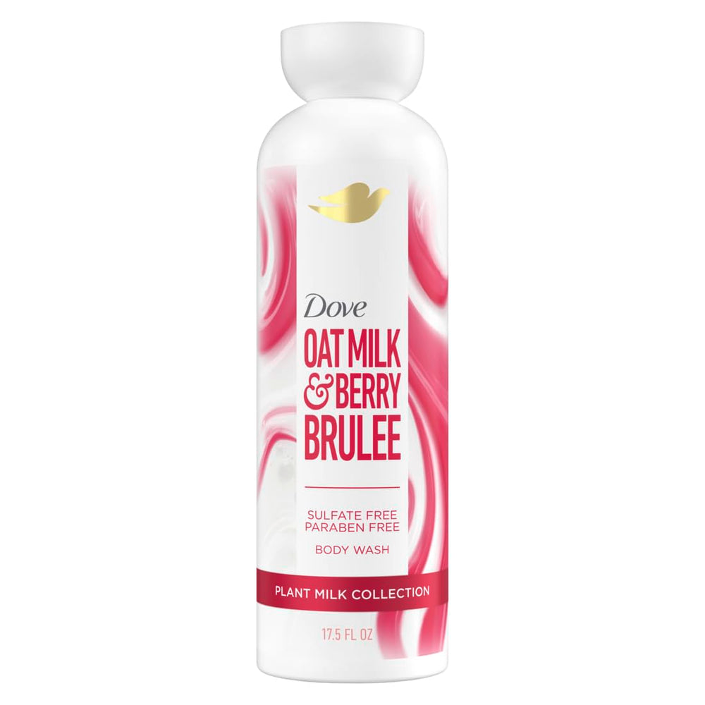 Dove front bottle showing oat milk and berry brulee scent benefit gentle cleansing