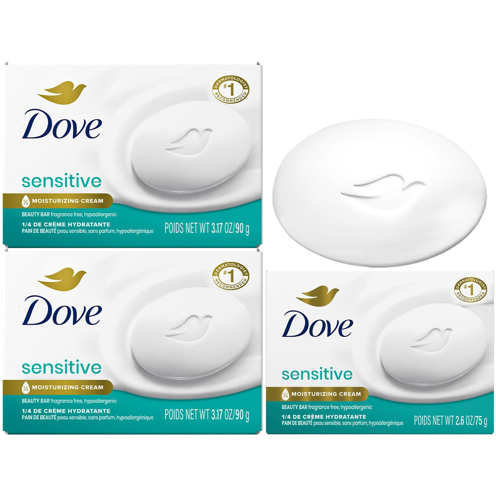 Dove front packaging showing sensitive skin bars and moisturizing benefit