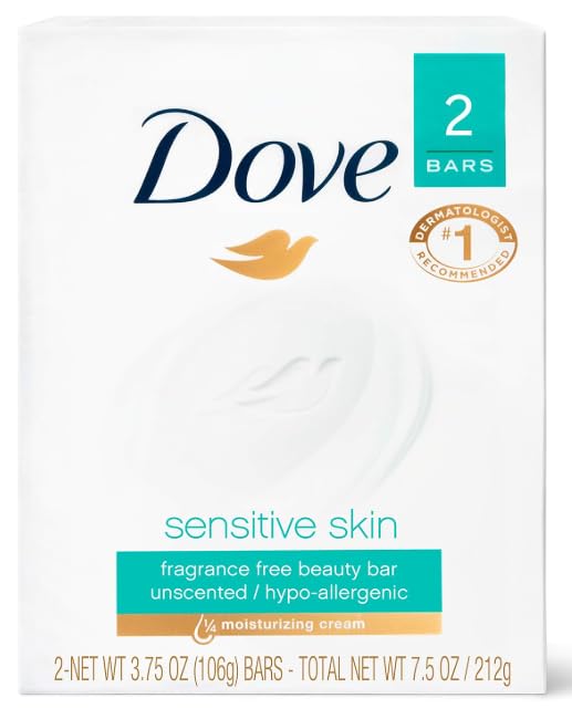 Dove Sensitive Beauty Bar front packaging showing fragrance-free gentle care