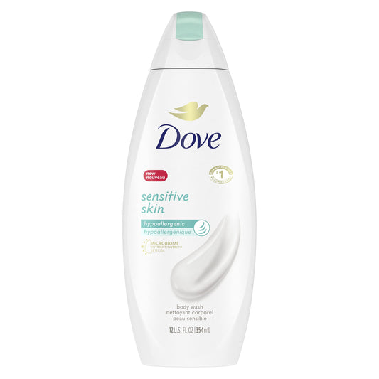 Dove bottle front view showing sensitive body wash and gentle benefit