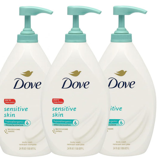 Dove sensitive skin body wash front packaging showing pump and label, gentle hydration