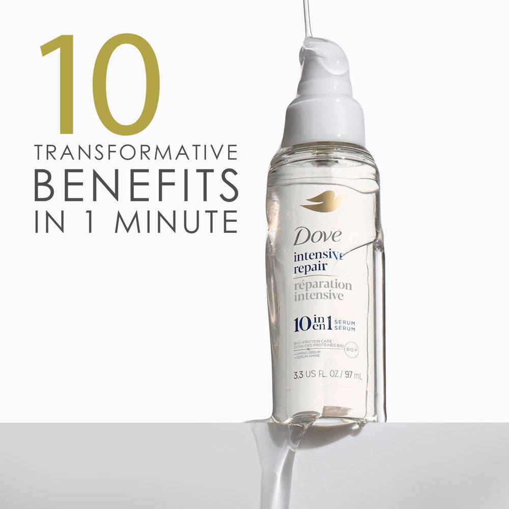 Dove applying serum to damp hair for improved manageability and protection