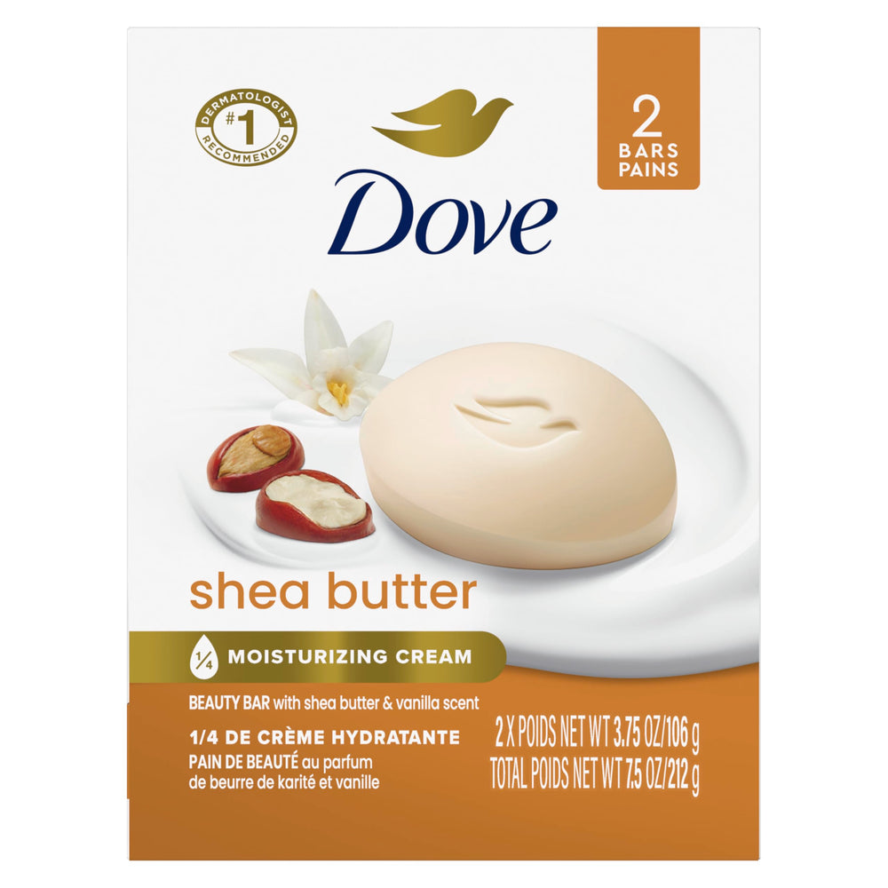 Dove shea butter front packaging showing product and scent benefits