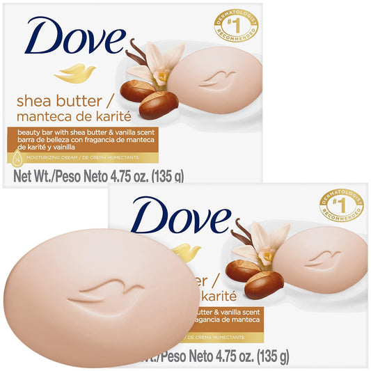 Dove shea butter & vanilla front packaging showing two bars and benefits