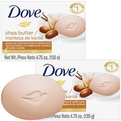 Dove shea butter & vanilla front packaging showing two bars and benefits