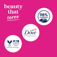 Dove bottle next to towel illustrating 30.6 oz value and shower-ready size