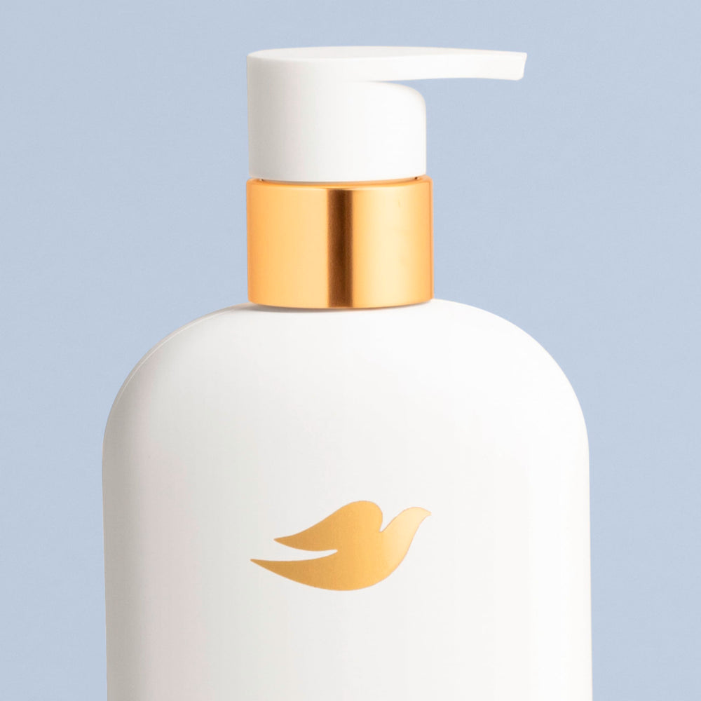 Dove label close-up highlighting ingredients and simple formulation benefit