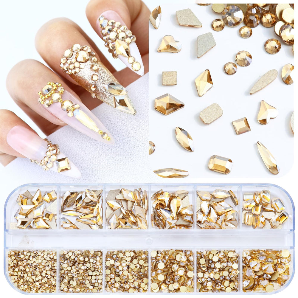 Dowarm front packaging showing champagne gold rhinestone assortment and box organization for easy use