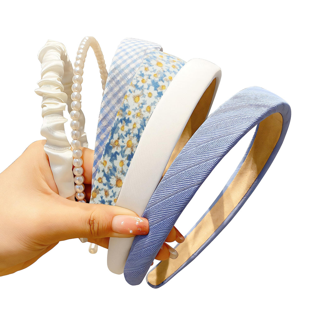 DOXISHRUKY front view of six blue headbands showing variety and gift-ready look