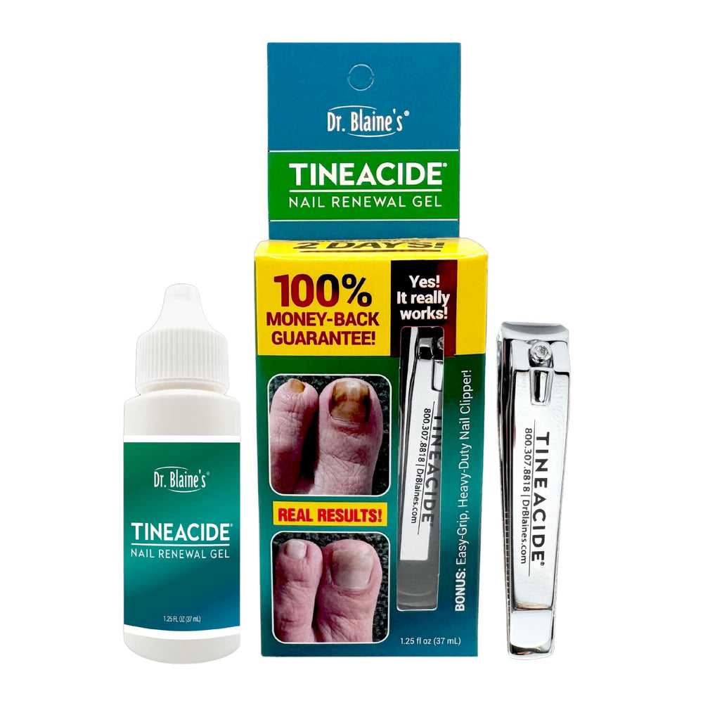 Dr. Blaine's front packaging shows product and included clippers, promoting confidence