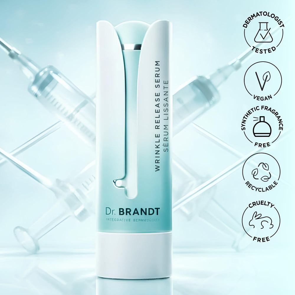 Dr. Brandt 1.0 fl oz serum held in hand showing travel-friendly size