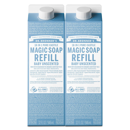 Dr. Bronner's refill front packaging showing product and benefits
