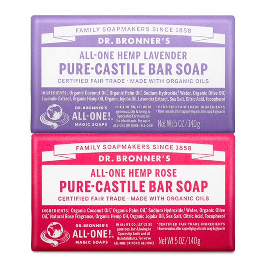 Dr. Bronner's front packaging showing rose and lavender bars, clear product identity and eco benefits