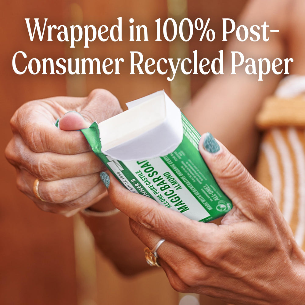 Dr. Bronner's almond bar recycled paper wrap detail showing reduced waste benefit