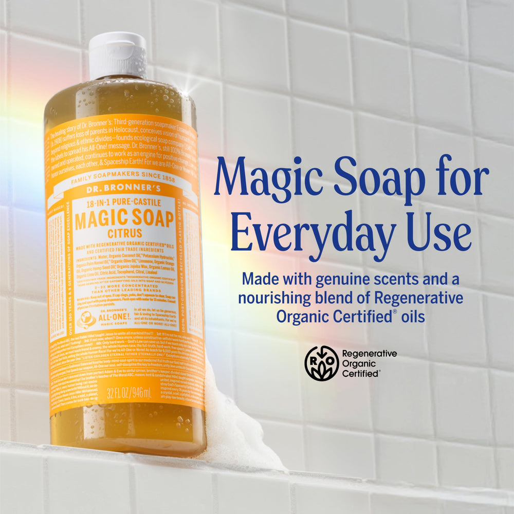 Dr. Bronner's Almond bottle close-up highlighting moisturizing lather benefit