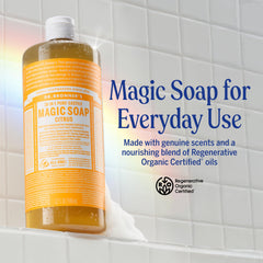 Dr. Bronner's Almond bottle close-up highlighting moisturizing lather benefit