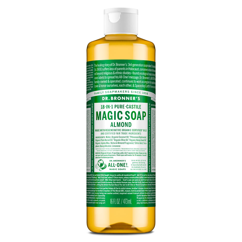 Dr. Bronner's almond bottle front view showing label and size benefits