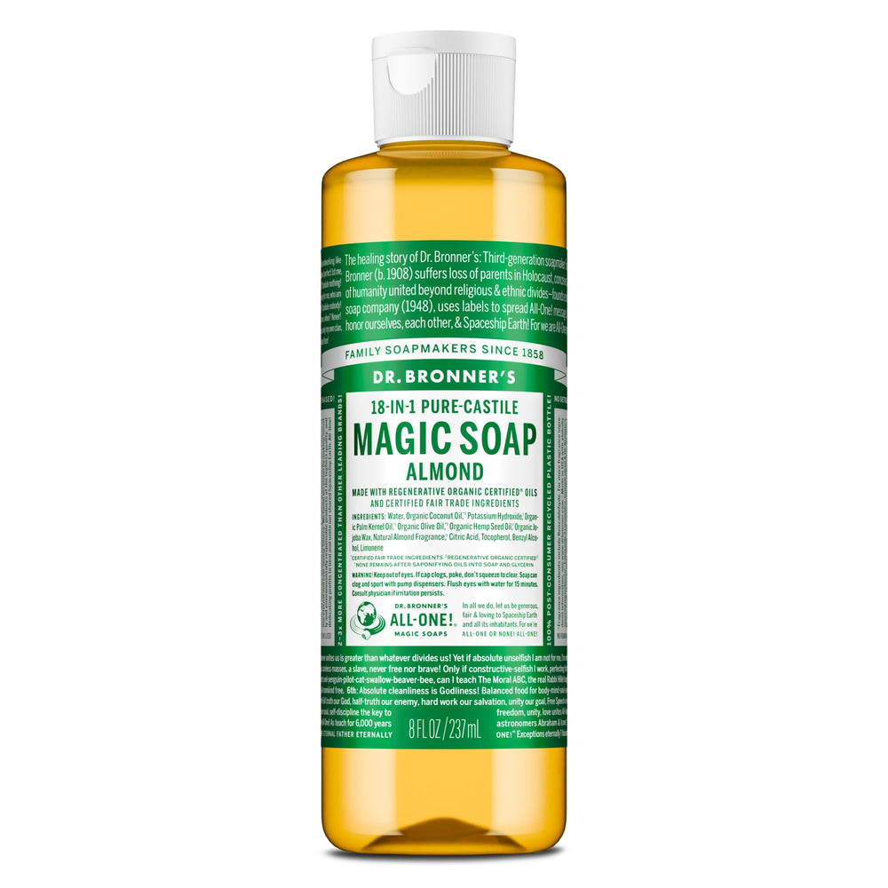 Dr. Bronner's bottle front label showing organic almond benefits
