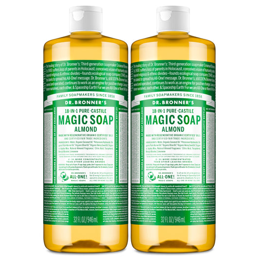 Dr. Bronner's almond front packaging showing dual 32oz bottles and sustainable value